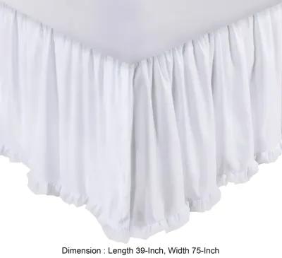 Mora Twin Bed Skirt, Polyester Platform, Split Corners, Ruffle Edge, White  - Benzara