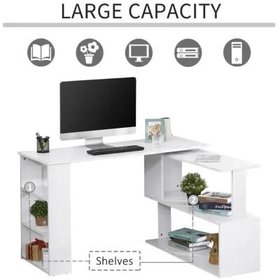 White Multitasking Hub: 360° Rotating L-Shaped Office Desk with Storage