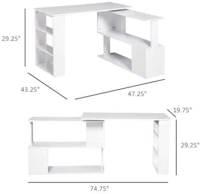 White Multitasking Hub: 360° Rotating L-Shaped Office Desk with Storage