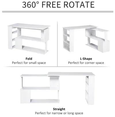 White Multitasking Hub: 360° Rotating L-Shaped Office Desk with Storage