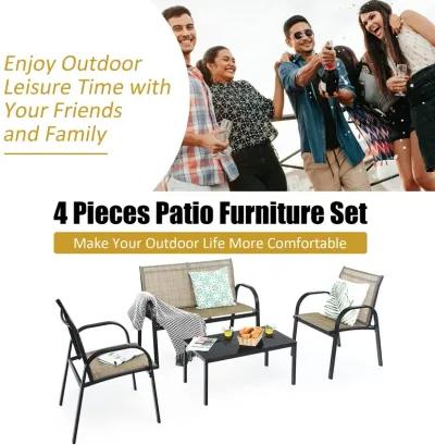 4 Pieces Patio Furniture Set with Glass Top Coffee Table