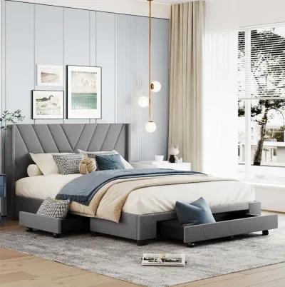 Queen Size Storage Bed Linen Upholstered Platform Bed With 3 Drawers