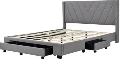 Queen Size Storage Bed Linen Upholstered Platform Bed With 3 Drawers