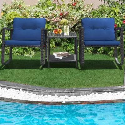 3 Pieces Cushioned Patio Rattan Set with Rocking Chair and Table