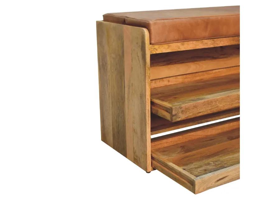 Artisan Furniture Buffalo Hide Pull out Oak-ish  Solid Wood Shoe Storage Bench