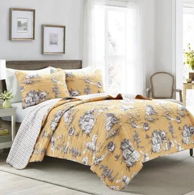 French Country Toile Cotton Reversible Quilt Yellow/GRAY 3Pc Set King