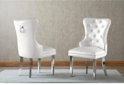 White Faux Leather Tufted Dining Side Chairs, Stainless Steel Legs - Set of 2