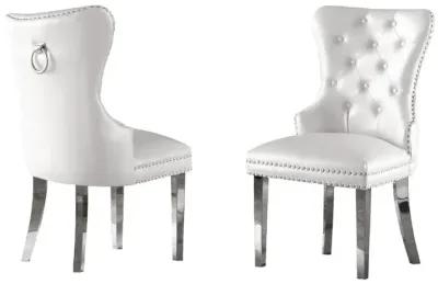 White Faux Leather Tufted Dining Side Chairs, Stainless Steel Legs - Set of 2