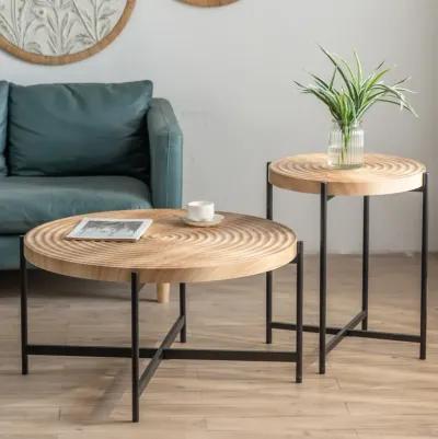 Modern Thread Design Round Coffee Table, MDF Table Top With Cross Legs Metal Base