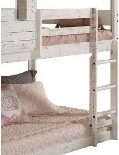 Wooden Twin Bunk Bed with House Design, White and Brown-Benzara