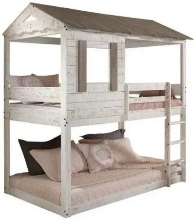 Wooden Twin Bunk Bed with House Design, White and Brown-Benzara