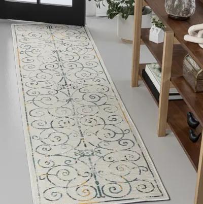 Danae Classic Cottage Filigree Scroll Reversible Machine-Washable Cream/Navy 2 ft. x 8 ft. Indoor/Outdoor Runner Rug