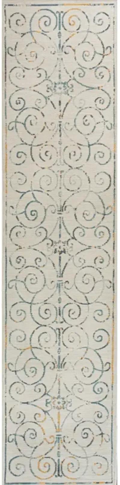 Danae Classic Cottage Filigree Scroll Reversible Machine-Washable Cream/Navy 2 ft. x 8 ft. Indoor/Outdoor Runner Rug