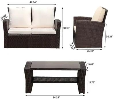 4-Pieces Outdoor Patio Furniture Set PE Rattan Wicker With Brown