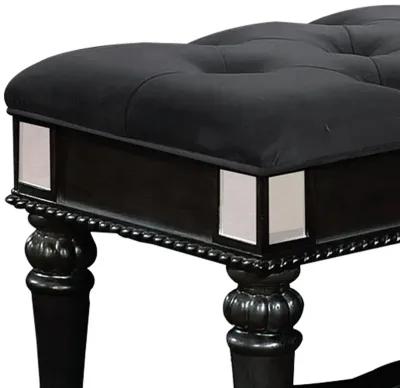 Fabric Padded Bench with Deep Button Tufting and Turned Legs, Black-Benzara