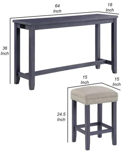 Eala 4 Piece Counter Height Table and Stool Set, Blue Wood, Gray Fabric-Benzara