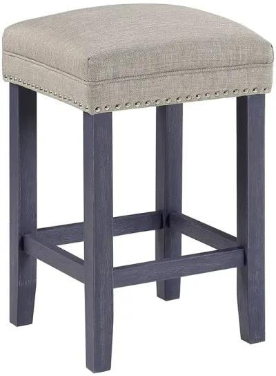 Eala 4 Piece Counter Height Table and Stool Set, Blue Wood, Gray Fabric-Benzara