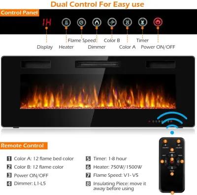 50 Inch Recessed Ultra Thin Electric Fireplace with Timer