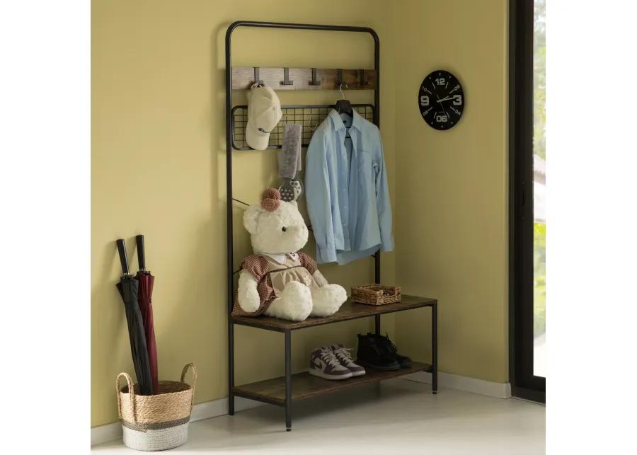 Vintage Brown Coat Rack Hall Tree with Storage for Entryway With 10 Hooks and Storage