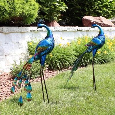 Sunnydaze Peacock Outdoor Metal Garden Statue - 34.5 in - Set of 2