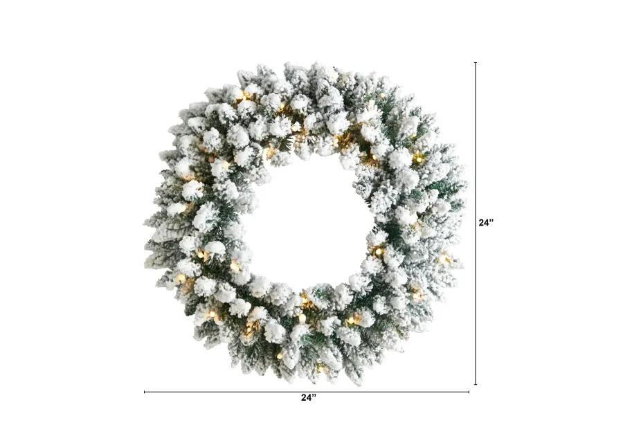 HomPlanti 24" Flocked Artificial Christmas Wreath with 160 Bendable Branches and 35 Warm White LED Lights