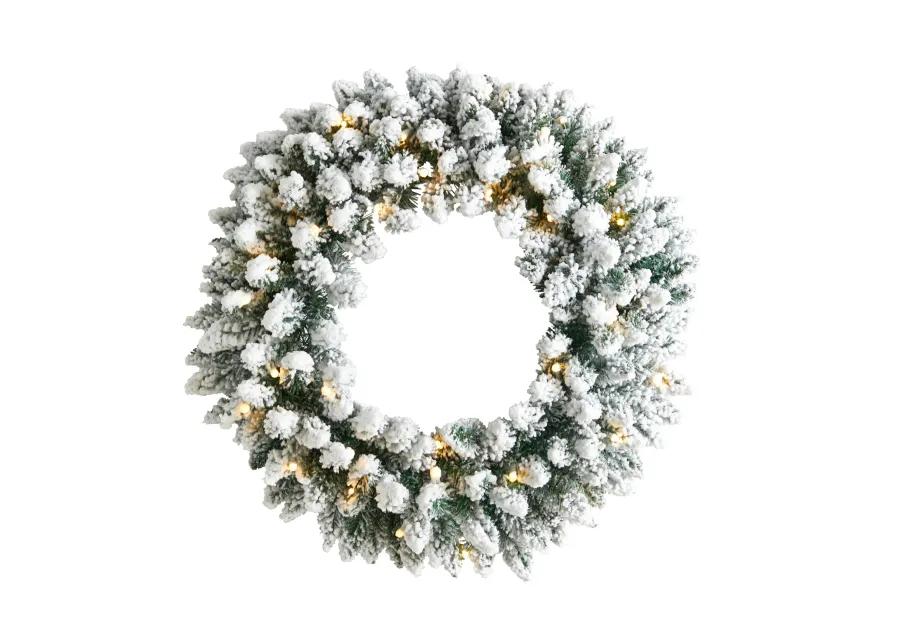 HomPlanti 24" Flocked Artificial Christmas Wreath with 160 Bendable Branches and 35 Warm White LED Lights