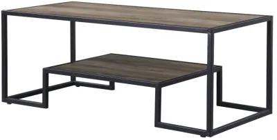 Homezia 45" Black And Rustic Oak Paper Veneer And Metal Rectangular Coffee Table With Shelf