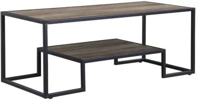 Homezia 45" Black And Rustic Oak Paper Veneer And Metal Rectangular Coffee Table With Shelf