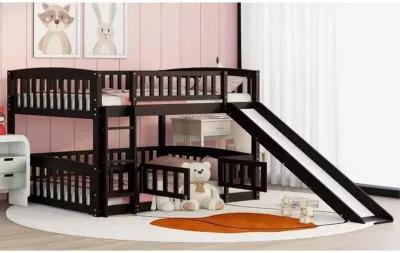 Bunk Bed With Slide, Full Over Full Low Bunk Bed With Fence And Ladder For Toddler Kids Teens