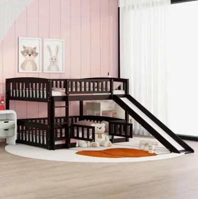 Bunk Bed With Slide, Full Over Full Low Bunk Bed With Fence And Ladder For Toddler Kids Teens