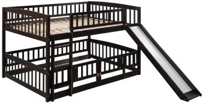 Bunk Bed With Slide, Full Over Full Low Bunk Bed With Fence And Ladder For Toddler Kids Teens