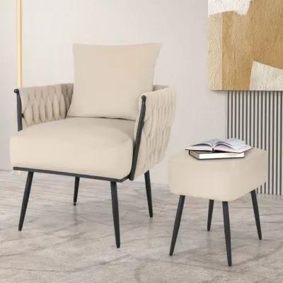 Modern Dutch Velvet Accent Chair and Ottoman Set with Weaved Back and Arms