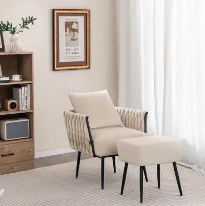 Modern Dutch Velvet Accent Chair and Ottoman Set with Weaved Back and Arms