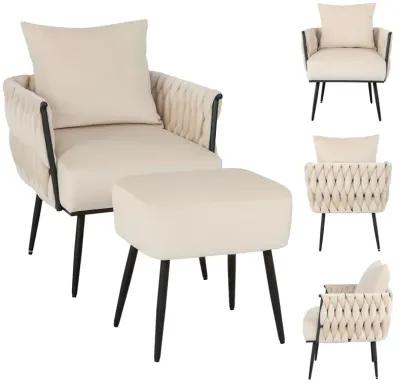 Modern Dutch Velvet Accent Chair and Ottoman Set with Weaved Back and Arms