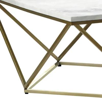 36 Inch Modern Square Coffee Table, White Faux Marble Top, Slender Gold Base-Benzara