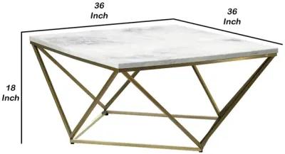 36 Inch Modern Square Coffee Table, White Faux Marble Top, Slender Gold Base-Benzara