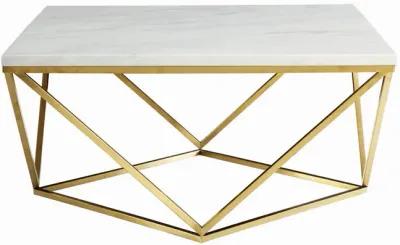 36 Inch Modern Square Coffee Table, White Faux Marble Top, Slender Gold Base-Benzara