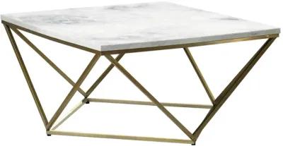 36 Inch Modern Square Coffee Table, White Faux Marble Top, Slender Gold Base-Benzara