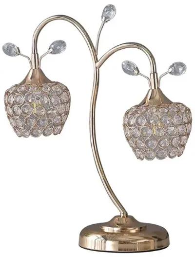 Floral Tree Design Metal Table Lamp with Dome Shade and Crystals, Gold-Benzara