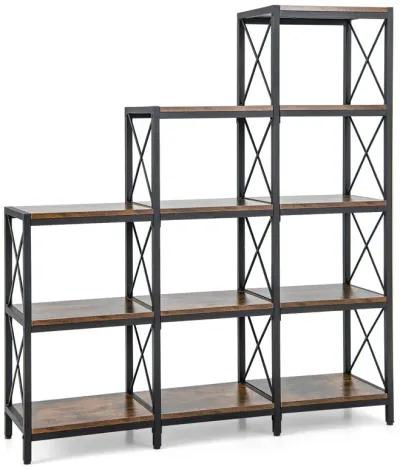 9 Cubes Bookcase with Carbon Steel Frame for Home Office-Rustic Brown