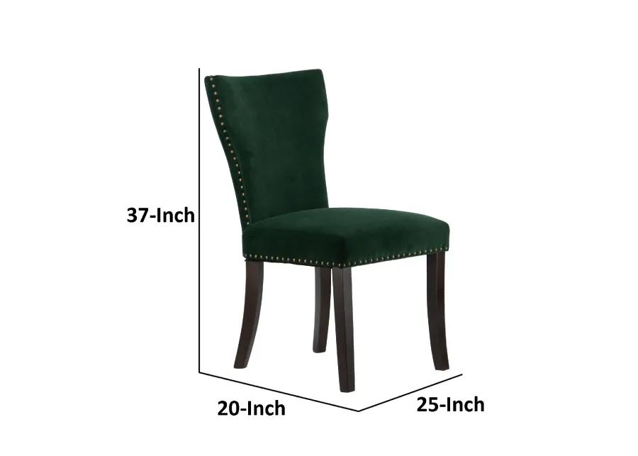 Devi 25 Inch Curved Dining Chair, Green Velvet Upholstery, Nailhead Trim - Benzara