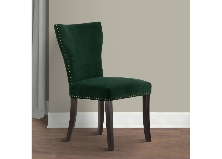 Devi 25 Inch Curved Dining Chair, Green Velvet Upholstery, Nailhead Trim - Benzara