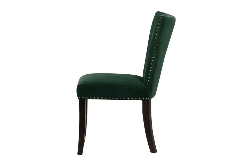 Devi 25 Inch Curved Dining Chair, Green Velvet Upholstery, Nailhead Trim - Benzara