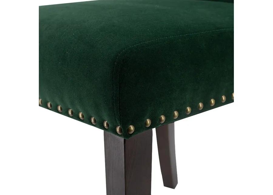 Devi 25 Inch Curved Dining Chair, Green Velvet Upholstery, Nailhead Trim - Benzara