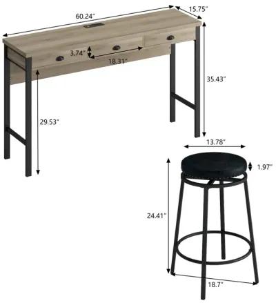 3-Drawer Long Dining Table Set with Power Outlets & Bar Kitchen Set with Circular PU Stools