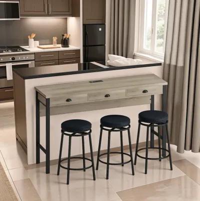 3-Drawer Long Dining Table Set with Power Outlets & Bar Kitchen Set with Circular PU Stools