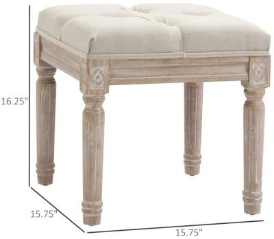 Beige Vintage Seat: 15.75" Tufted Ottoman with Rustic Wood Legs