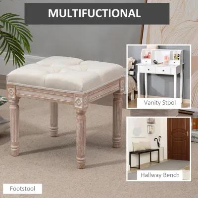 Beige Vintage Seat: 15.75" Tufted Ottoman with Rustic Wood Legs