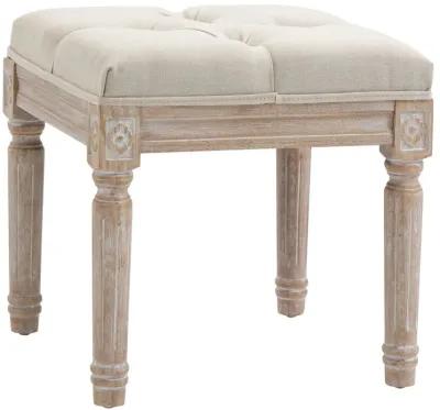 Beige Vintage Seat: 15.75" Tufted Ottoman with Rustic Wood Legs