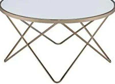 Contemporary Style Round Glass and Metal Coffee Table, White and Gold-Benzara